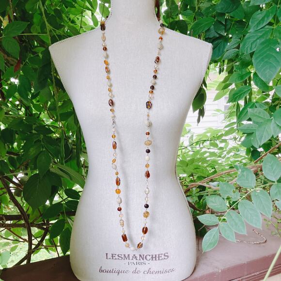 VTG 1970s Art Glass Necklace 50” Long Root Beer Tortoiseshell Boho Jewelry - Picture 3 of 11
